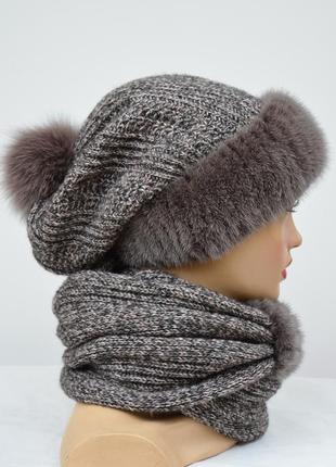 Женская зимняя вязаная шапка с шарфом "комплект снуд" кофе2 фото