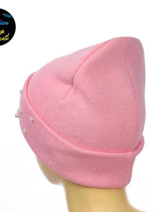 ● однотонная шапка лопата бини - бусины - розовый ●2 фото