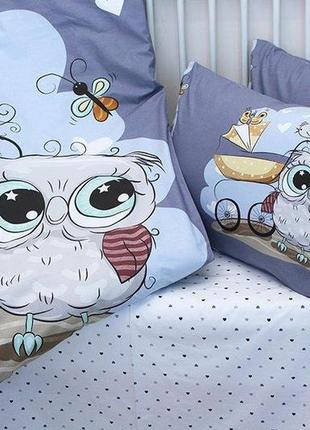 Комплект детского постельного белья для малышей в кроватку хлопок 100% турция owl сова серый голубой2 фото