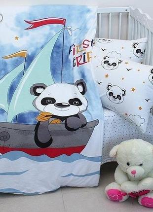 Комплект детского постельного белья для малышей в кроватку хлопок 100% турция first trip панда белый голубой
