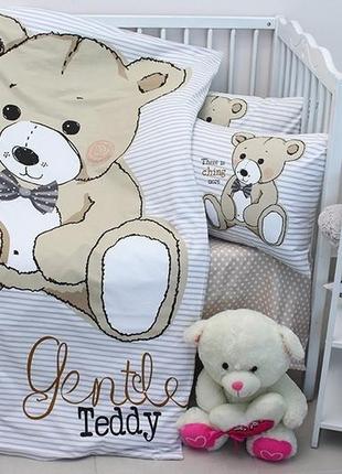 Комплект дитячої постільної білизни для малюків у ліжечко бавовна 100% туреччина teddy ведмедик бежевий1 фото