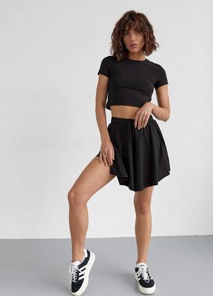 Трикотажний жіночий комплект з футболкою та шортами — чорний колір, l/xl (є розміри)