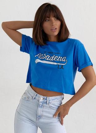 Укороченная футболка с надписью pasadena - синий цвет, m (есть размеры)