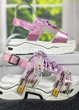 Босоножки сандалии женские розовые спортивные на платформе со шнурками 2527