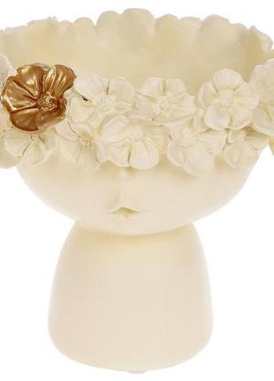 Декоративне кашпо "дівчинка у квітах" 16х14х14см, полістоун, білий з золотом1 фото