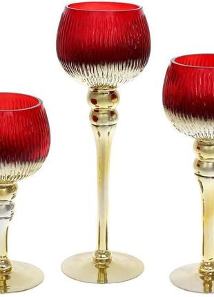 Набір 3 скляних підсвічника isabelle 20см, 25см, 30см, червоний з золотом