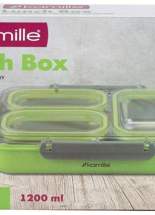Ланч-бокс kamille snack 1200мл daymart  на 3 секції, пластик і нержавіюча сталь, зелений7 фото