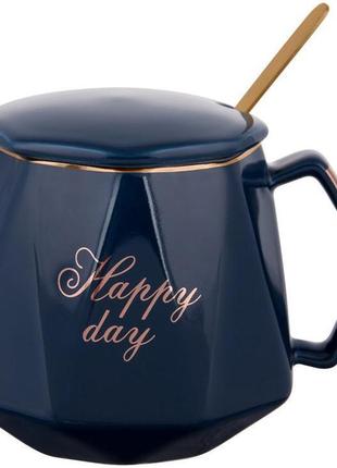 Кухоль порцеляновий coffee prelude "happy day" 420мл daymart  daymart з кришкою і ложкою, синя1 фото