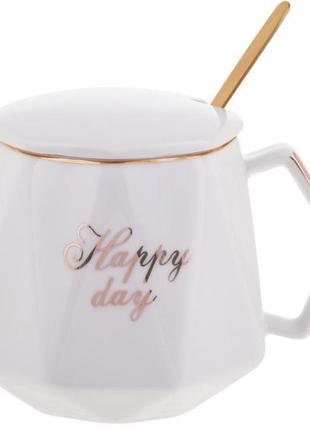 Кухоль порцеляновий coffee prelude "happy day" 420мл daymart  з кришкою і ложкою, біла