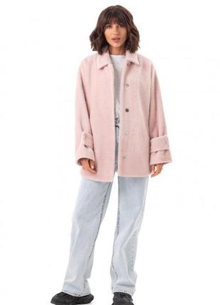 Пальто женское короткое альпака, оверсайз элегантное, осеннее весеннее  демисезонное, розовое5 фото