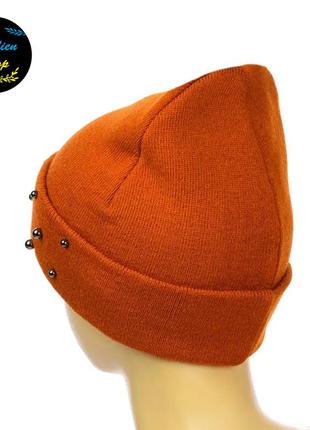 ● однотонная шапка лопата бини - бусины - оранжевый ●2 фото