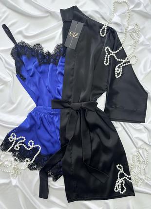 Шелковый домашний комплект шортики+майка+халат шелк  тройка синий