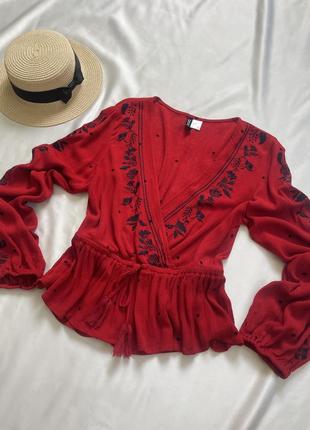 Блуза рубашка в бохо стиле, блуза вышита красная, блуза boho стиль