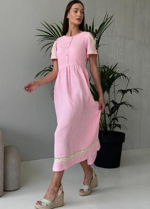 Платье женское розовое натуральное муслиновое миди