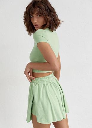 Трикотажный женский комплект с футболкой и шортами - салатовый цвет, l/xl (есть размеры)2 фото