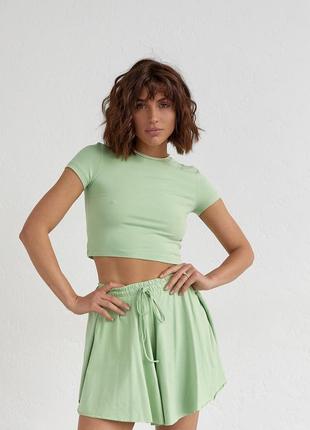 Трикотажный женский комплект с футболкой и шортами - салатовый цвет, l/xl (есть размеры)3 фото