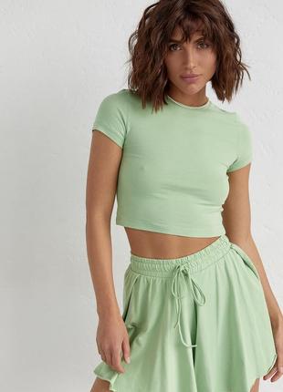 Трикотажный женский комплект с футболкой и шортами - салатовый цвет, l/xl (есть размеры)6 фото