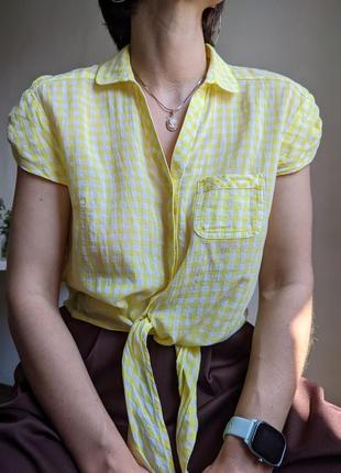 Рубашка в клетку хлопок блуза топ желтая на завязках s m l9 фото