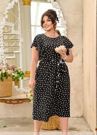Платье большого размера до 68р батал миди с рукавами крылышками  в горошек голубой зелёный синий фрез малина черный сарафан с оборками