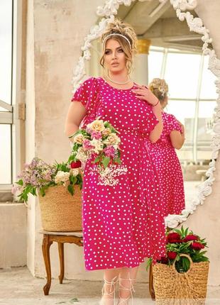 Платье большого размера до 68р батал миди с рукавами крылышками  в горошек голубой зелёный синий фрез малина черный сарафан с оборками
