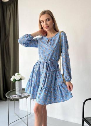 Платье женское короткое мини легкое летнее на лето праздничное нарядное повседневное цветочное голубое синее красное хаки зеленое бежевое батал4 фото