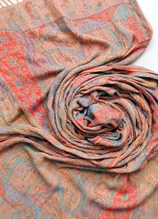 Теплый шарф с рисунком оранжевый терракотовый бирюзовый из индии
