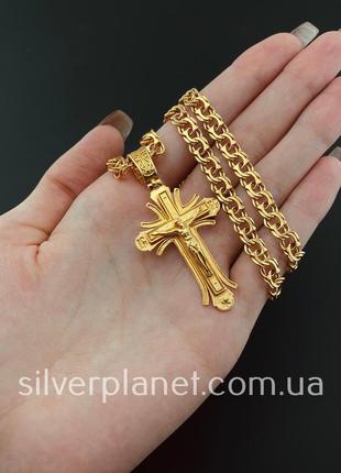 Комплект! толстая позолоченная мужская серебряная цепочка с крестиком. цепь бисмарк и...