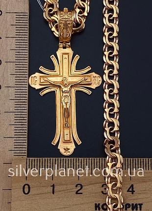 Комплект! толстая позолоченная мужская серебряная цепочка с крестиком. цепь бисмарк и...