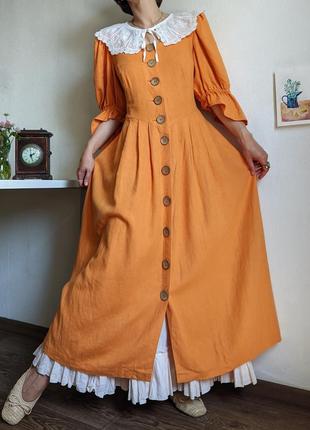 Платье винтажное оранжевое на пуговицах длинное макси в пол l xl xxl лен австрия1 фото