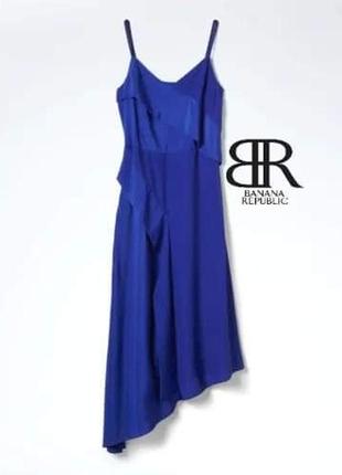 Асимметричное платье слип slip banana republic в бельевом стиле синий электрик на бретелях волан оборка рюш