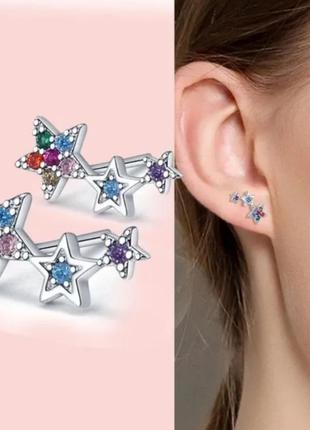 Сережки цвяшки гвіздки гвоздики зірочки star циркони різнокольорові срібло 9251 фото