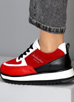 Ультра модные миксовые красные кроссовки натуральная кожа + замша мультиколор на платформе