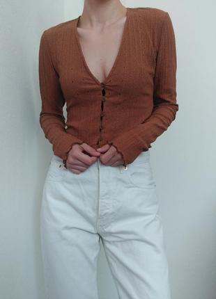 Кардиган zara кофта с пуговицами топ коричневый фактурный кардиган джемпер пуловер реглан лонгслив кофта9 фото