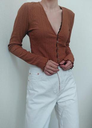 Кардиган zara кофта с пуговицами топ коричневый фактурный кардиган джемпер пуловер реглан лонгслив кофта8 фото