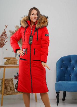 Зимова жіноча червона довга парка з натуральним хуром, р 44,46,48,50,52,54,56,585 фото