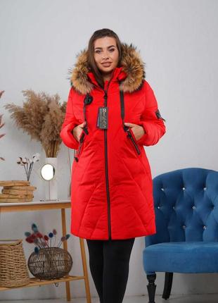 Жіноча зимова червона куртка з натуральним хутром єнота, р 56,58,60,62,64,663 фото
