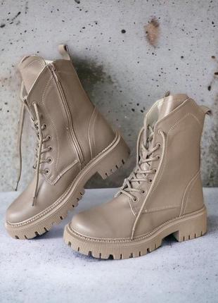 Ботинки зимние женские высокие из натуральной кожи бежевые на шнурках и молнии черевики жіночі шкіряні зимові1 фото