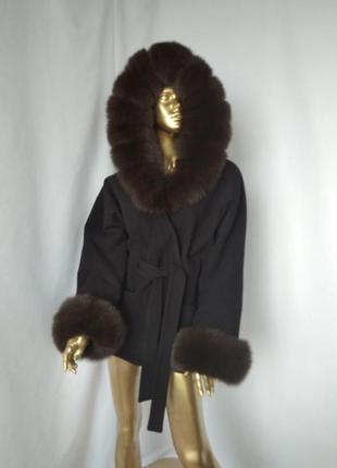 Жіноче кашемірове пончо, пальто з хутром фінського песця в забарвленні темний соболь, 42-56 розміри1 фото