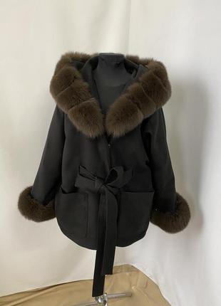 Женское кашемировое пончо, пальто с мехом финского песца в расцветке темный соболь, 42-56 размеры3 фото