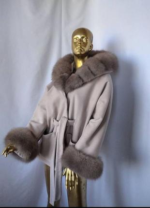 Изысканное женское кашемировое пончо, пальто с мехом финского песца, утепленное. 42-60 размеры9 фото