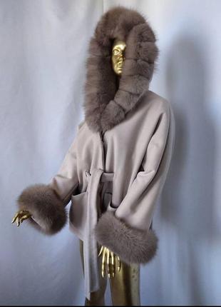 Изысканное женское кашемировое пончо, пальто с мехом финского песца, утепленное. 42-60 размеры3 фото