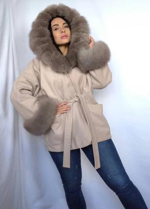 Изысканное женское кашемировое пончо, пальто с мехом финского песца, утепленное. 42-60 размеры4 фото