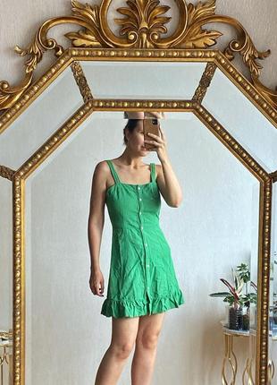 Zara льон сукня коротка плаття міні зелене на ґудзиках волани з воланами бретельки