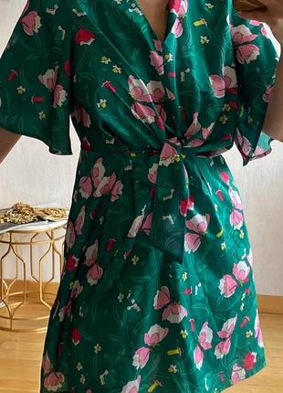 Koton сукня халат квітковий принт міні коротке плаття вільний рукав на зав’язках спереду зелене2 фото