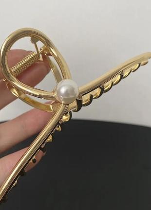 Шпилька крабік металевий золотистий із перлами затискач для волосся