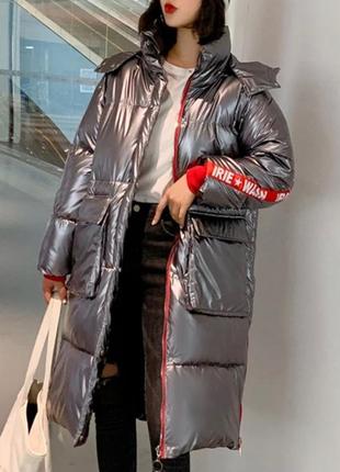 Куртка пуховик женская серебряная с лампасами