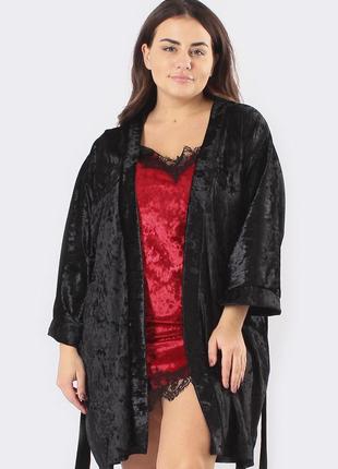Большие размеры! велюровый женский комплект для дома халат+пеньюар черный/красный4 фото