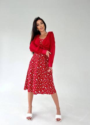 Женское летнее комплект легкое невесомое платье и шифоновая блуза качественный красный1 фото