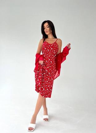 Женское летнее комплект легкое невесомое платье и шифоновая блуза качественный красный4 фото