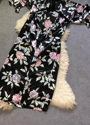 Халат домашний атласный сатиновый атлас длинный пижамный в цветы цветочный миди макси3 фото